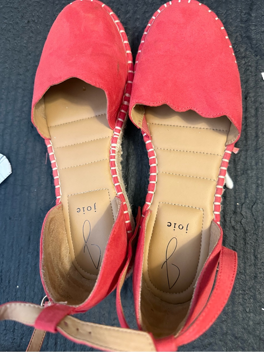 Joie Red Suede Scalloped Espadrille Flats with Ankle Strap
